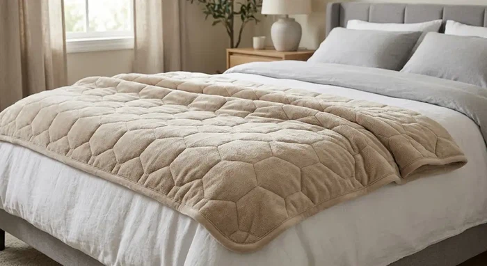 Durable heated blanket on a bed with plush quilted fabric@sshine Durable heated blanket on a bed with plush quilted fabric@sshine