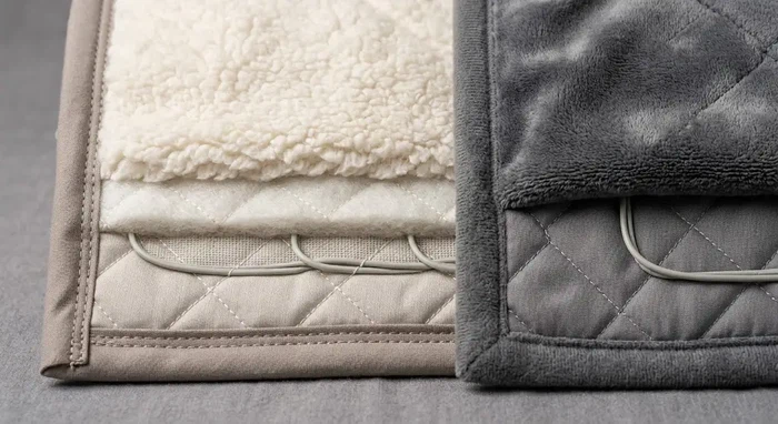Close-up of heated blanket fabric thickness and quilted construction@sshine Close-up of heated blanket fabric thickness and quilted construction@sshine